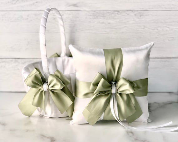 Pastel Green Flower Girl Basket, Green Wedding Basket, Sage Green Basket Pillow Set, Green Flower Basket
