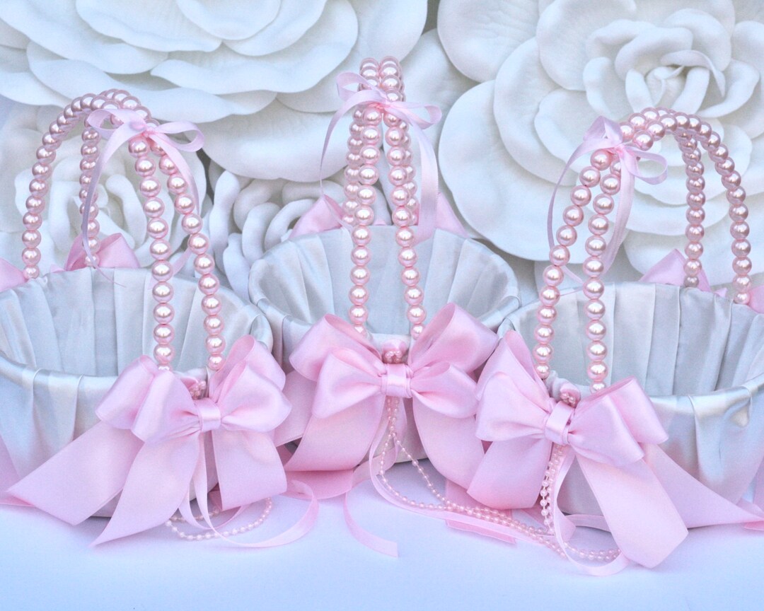 Pink Flower Girl Basket, Blush Flower Basket, Pearl Wedding Basket