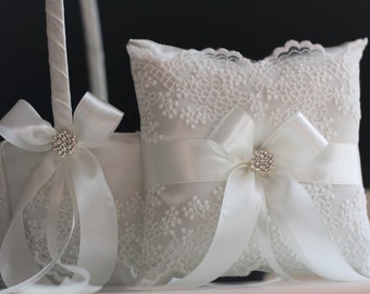 Off-White Ring Bearer Pillow, Off-White Flower Girl Basket, Lace Ring Holder, Off-White Wedding Ring Pillow, Wedding Basket Pillow set