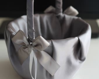 Gray Satin flower girl basket & ring bearer pillow set \ Gray wedding flower basket + wedding ring pillow set \ Gray pillow basket set