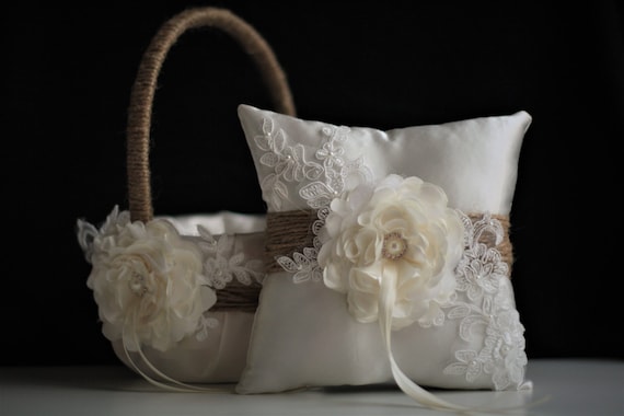 Rustic Burlap Flower Girl Basket Ring Pillow Guest Book Pen Set Wedding Set 
