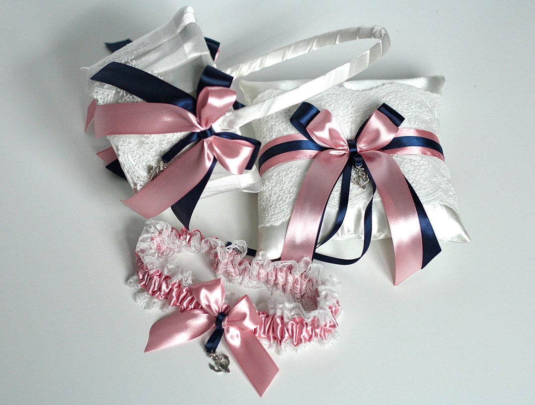 Flower Girl Basket and Ring Bearer Pillow Set, Ballet Pink Navy Wedding ...