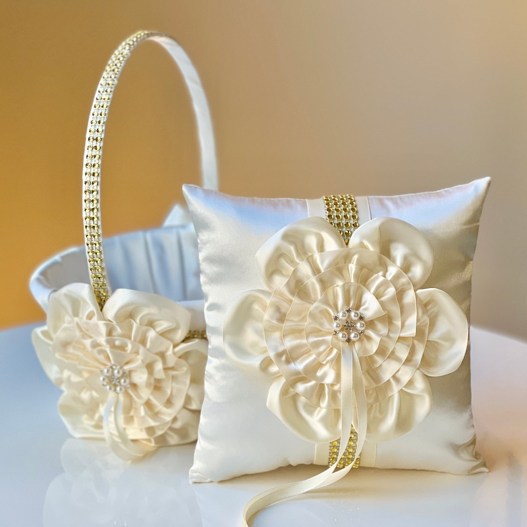 Buy Ring Bearer Pillow and Flower Girl Basket Set, Ivory Wedding Basket  Accessories Wedding Ring Pillow Gold Wedding Pillow Ivory Flower Basket  Online
