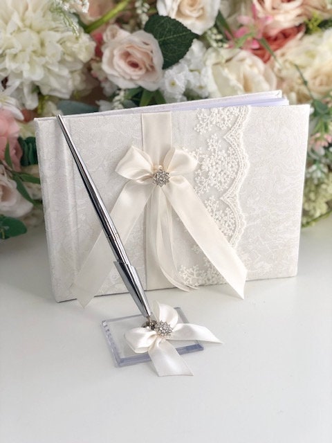 Off-White Guest Book with Pen, Off White Guest Books, Wedding Guest Book, Wedding Sign in Book with Pen, Lace Guest Book
