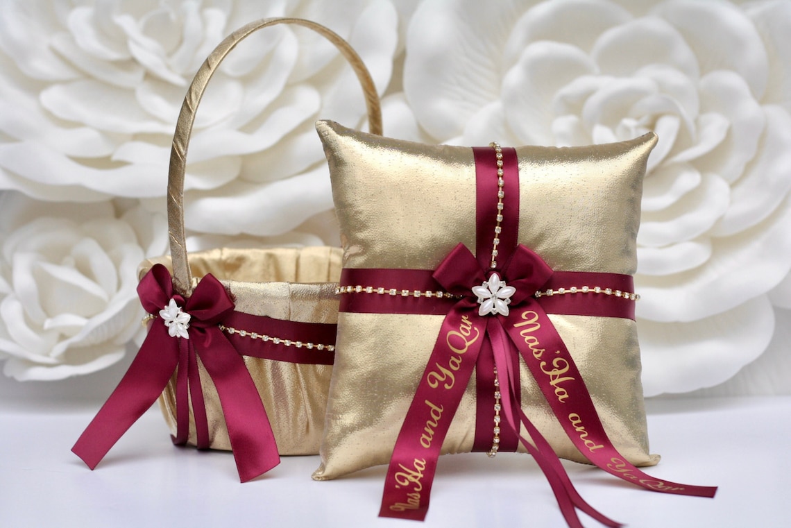 Flower Girl Basket Burgundy Gold Ring Bearer Pillow Burgundy 1 Pillow + 1 Basket