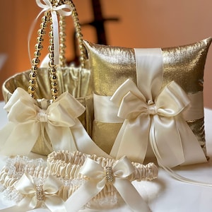 Flower Girl Basket and Ring Bearer Pillow Set Ivory Gold Wedding Basket ...