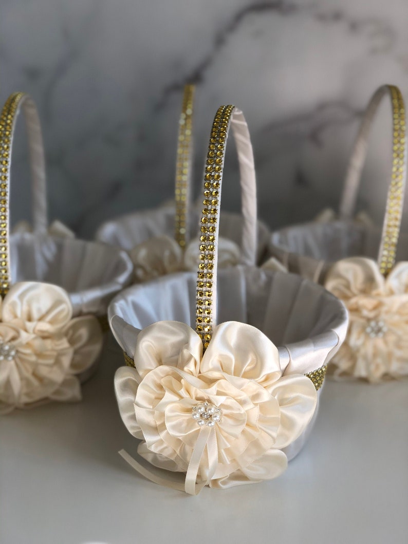 Ivory Flower Girl Basket Ivory Wedding Basket Gold Gold Etsy