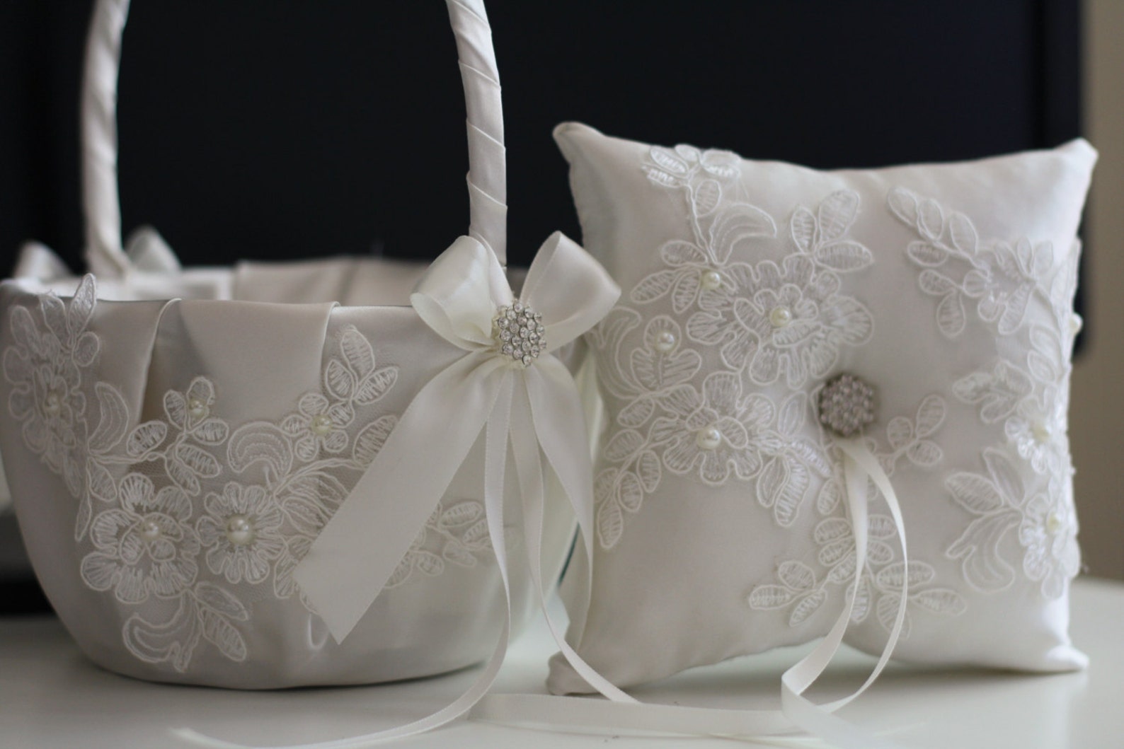 Off White Ring Bearer Pillow Flower Girl Basket Lace Etsy