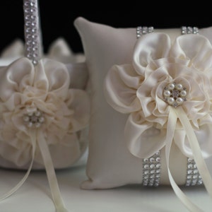 Ivory Ring Bearer Pillow and Flower Girl Basket Set Ivory Wedding Ring Pillow Ivory Wedding Basket for flowers Ring Holder Ivory ring pillow