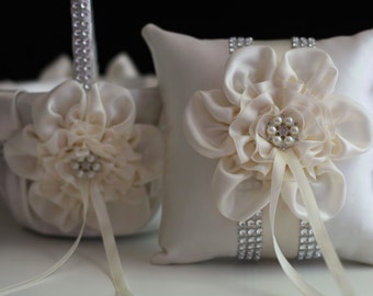 Ivory Ring Bearer Pillow and Flower Girl Basket Set Ivory Wedding Ring Pillow Ivory Wedding Basket for flowers Ring Holder Ivory ring pillow