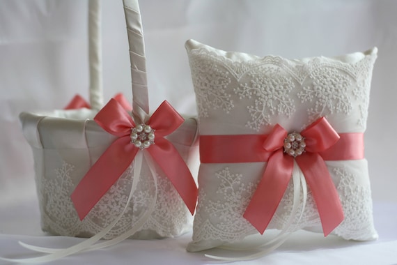 Coral Wedding Basket Coral Ring Bearer Pillow Basket Set Etsy