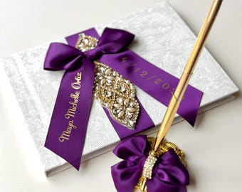 Księga gości Quinceañera z długopisem Ślubna księga gości Plum Gold Mis Quince Spersonalizowana księga życzeń urodzinowych Księga wspomnień gości Sweet 16