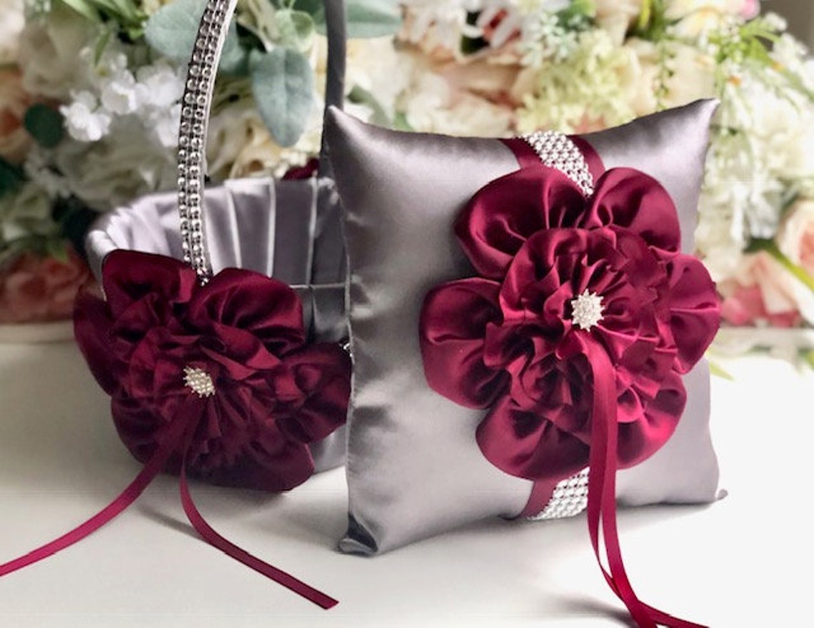 Gray Burgundy Basket Gray Ring Pillow Gray Flower Girl image 1