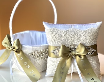 Olive Flower Girl Basket and Ring Bearer Pillow Set Sage Green Wedding Basket Pillow Set Personalized Wedding Decor Sage Wedding Ring Pillow