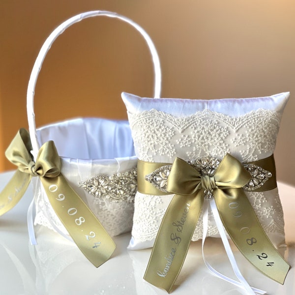 Olive Flower Girl Basket and Ring Bearer Pillow Set Sage Green Wedding Basket Pillow Set Personalized Wedding Decor Sage Wedding Ring Pillow