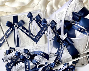 Navy Blue Wedding Decor Flower Girl Basket Ring Bearer Pillow Bridal Garter Set Champagne Glasses Cake Serving Set Guest Book with Pen