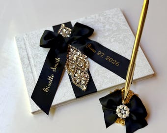Księga gości Quinceañera z długopisem Black Gold Mis Quince Księga gości urodzinowych Spersonalizowana księga życzeń Księga wspomnień gości na 16. urodziny