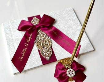 Księga Gości Quinceanera Burgundy Gold | Księga Gości Quinceanera | Spersonalizowana kokarda ze wstążki | Zestaw do serwowania tortu | Księga Gości Sweet 16
