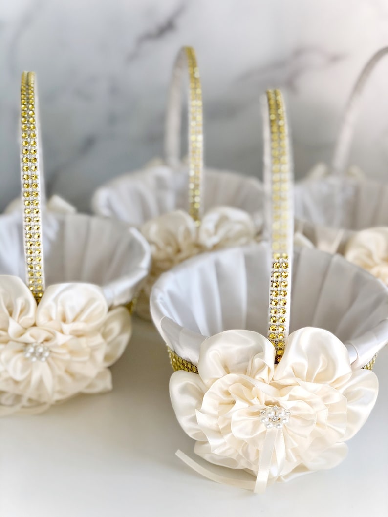 Ivory Flower Girl Basket Ivory Wedding Basket Gold Gold Etsy