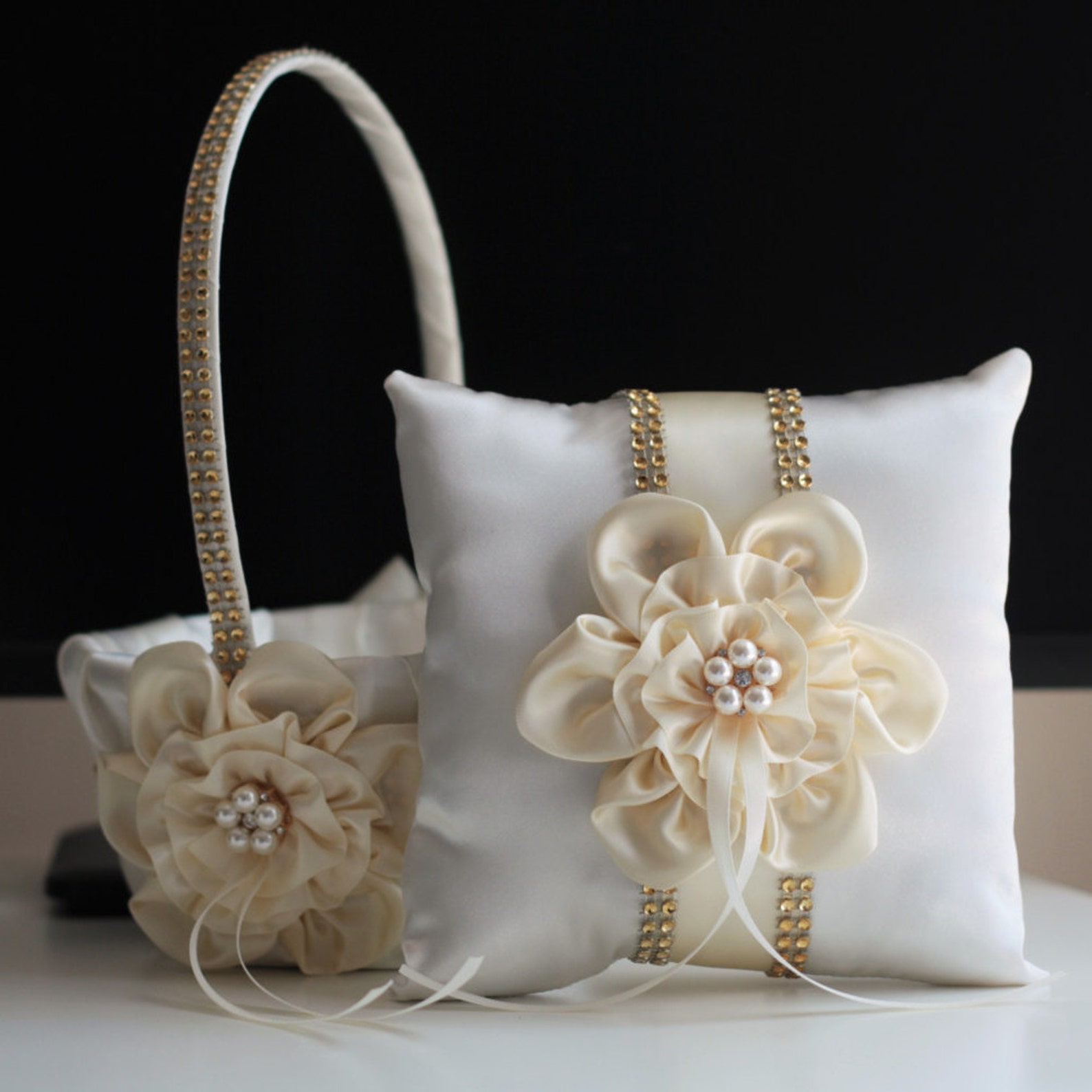 Ivory Flower Girl Basket Ivory Gold Wedding Basket Gold Etsy