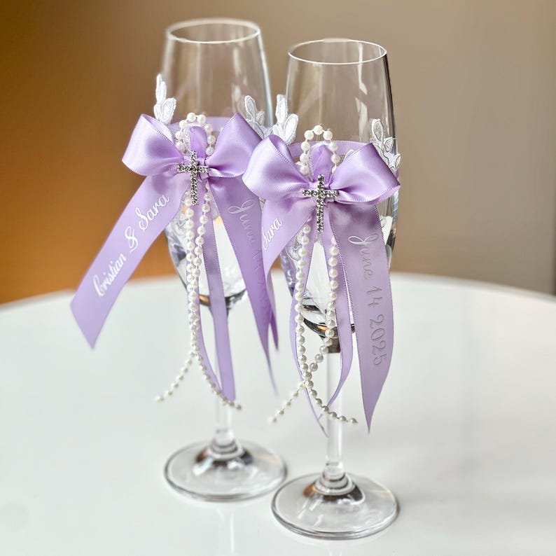 Purple-themed wedding reception supplies - lilac wedding flutes