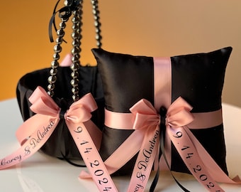 Black Flower Girl Basket and Ring Bearer Pillow Set Black and Rose Gold Wedding Basket Black Ring Pillow Rose Gold Cushion Personalized