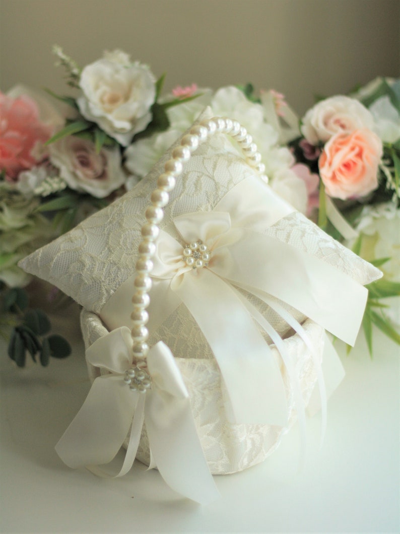 Ivory Flower Girl Basket and Ring Bearer Pillow Lace Wedding Etsy