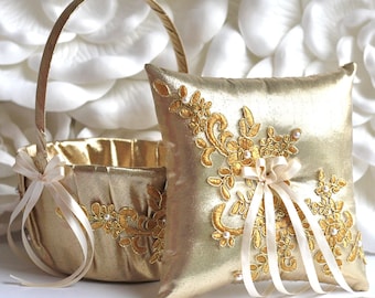 Flower Girl Basket and Ring Bearer Pillow Set, Gold Wedding Basket, Gold Ring Pillow, Gold Flower Basket, Gold Flower Girl Gift, Proposal