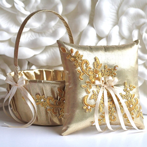 Flower Girl Basket and Ring Bearer Pillow Set, Gold Wedding Basket, Gold Ring Pillow, Gold Flower Basket, Gold Flower Girl Gift, Proposal