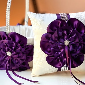 Plum Wedding Ring Bearer Pillow and Flower Girl Basket set Plum Wedding Basket Plum Flower Girl Baskets Eggplant Ring Pillow Eggplant Basket