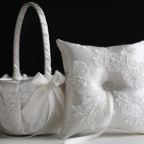 Ivory Flower Girl Basket and Ring Bearer Pillow Lace Wedding Etsy