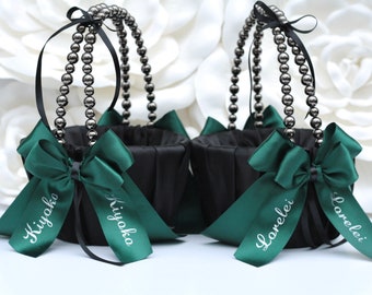 Personalized Flower Girl Basket and Ring Bearer Pillow Set Black Hunter Green Wedding Basket Black Ring Pillow Wedding Pearl Handle Basket