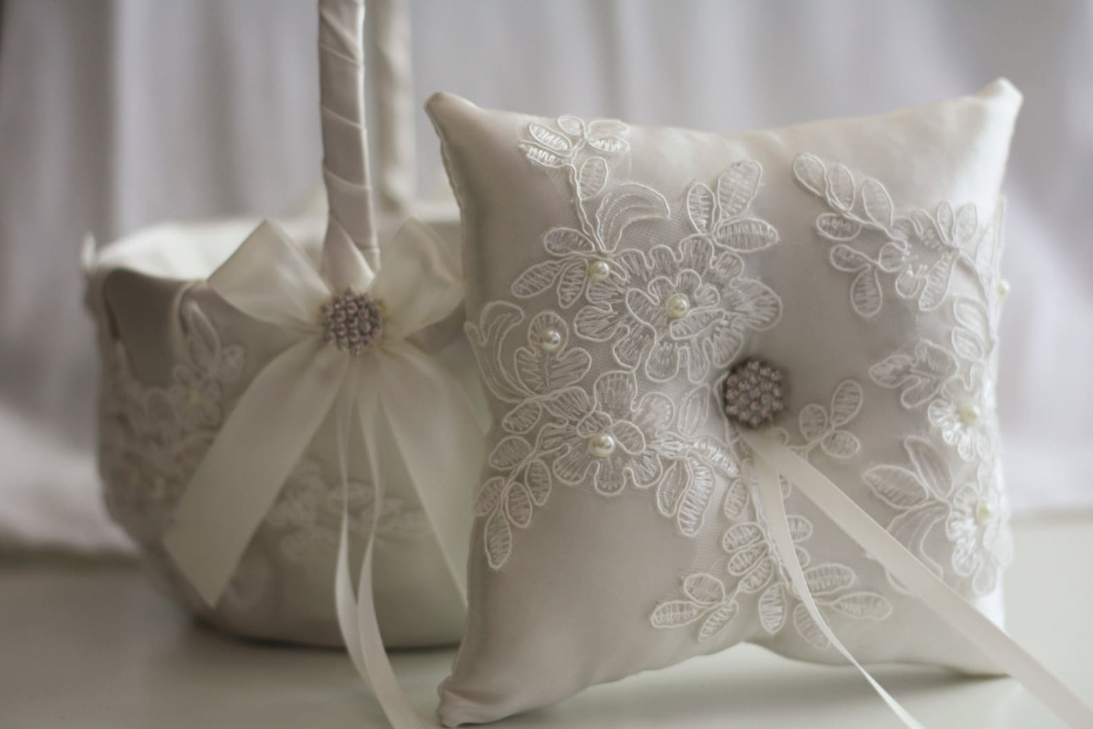 Off White Ring Bearer Pillow Flower Girl Basket Lace Etsy
