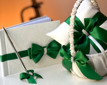 Green Flower Girl Basket, Ring Bearer Pillow, Guest Book with Pen, Cake Serving Set, Emerald Wedding Decoration, Emerald Basket Ring Pillow