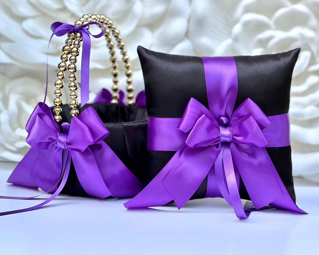 Flower Girl Basket and Ring Bearer Pillow Set Gold Purple Black Wedding ...