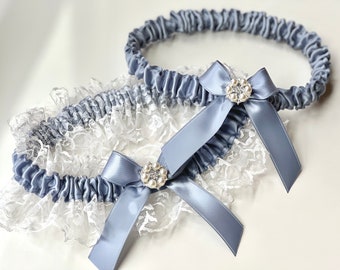 Dusty Blue Wedding Bridal Garter Set, Blue Wedding Garters, Toss and Keepsake Garter, Something Blue, Dusty Blue Prom Garter, Bridal Gift