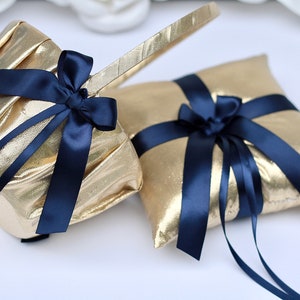 Ring Bearer Pillow and Flower Girl Basket Set Navy Gold Wedding Basket, Wedding Ring Pillow, Nautical Wedding Decor, Flower Girl Proposal
