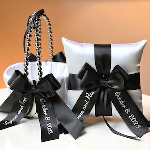black and white flower girl basket and ring bearer pillow set