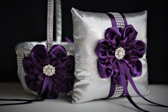 Plum Wedding Basket Plum Ring Bearer Pillow Silver Flower Etsy