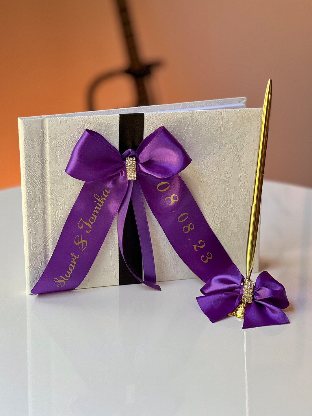 Wedding Guest Book With Pen, Purple Guest Book, Personalized Guest Book