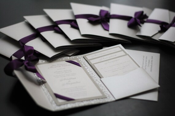 silver wedding invitation pocket fold invites metallic etsy