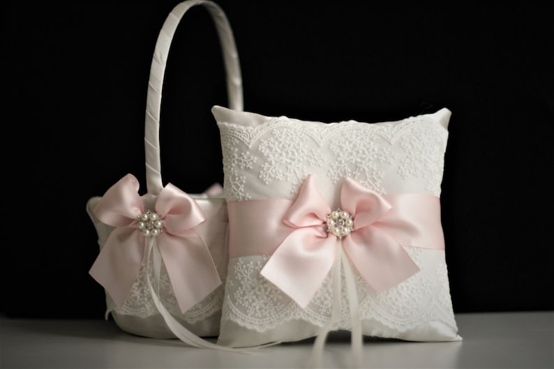 Blush Pink Flower Girls Basket and Ring Bearer Pillow Set Etsy