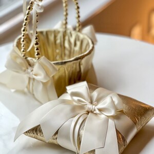 Flower Girl Basket and Ring Bearer Pillow Set Ivory Gold Wedding Basket ...