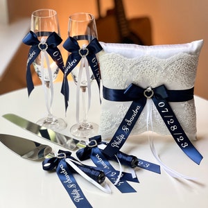 Personalized Ring Bearer Pillow, Cake Serving Set and Champagne Glasses Flutes Navy Blue Wedding Ring Pillow, Blue Wedding Cake Cutters