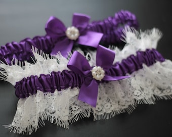 Purple Bridal Garter Set / Lace Wedding Garter Set / Purple Toss Garter / Lace Keepsake Garter / Lace Bridal Garters / Purple Prom Garter