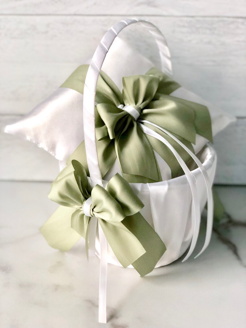 Pastel Green Flower Girl Basket, Green Wedding Basket, Sage Green Basket Pillow Set, Green Flower Basket image 8