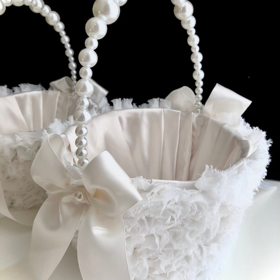 2 Cestini Per Fiori Damigella Matrimonio Bianco – Con Manico E Fiocco In Raso - 5