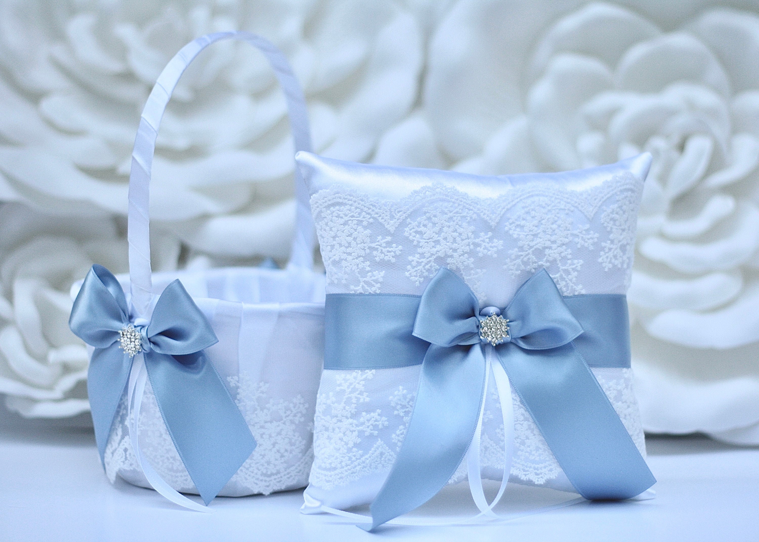 Sky Blue Wedding Pillow Basket Set Light Blue Flower Girl Basket Ring Bearer Sky Blue Wedding Pillow Basket Set Light Blue Flower Girl Basket Ring Bearer