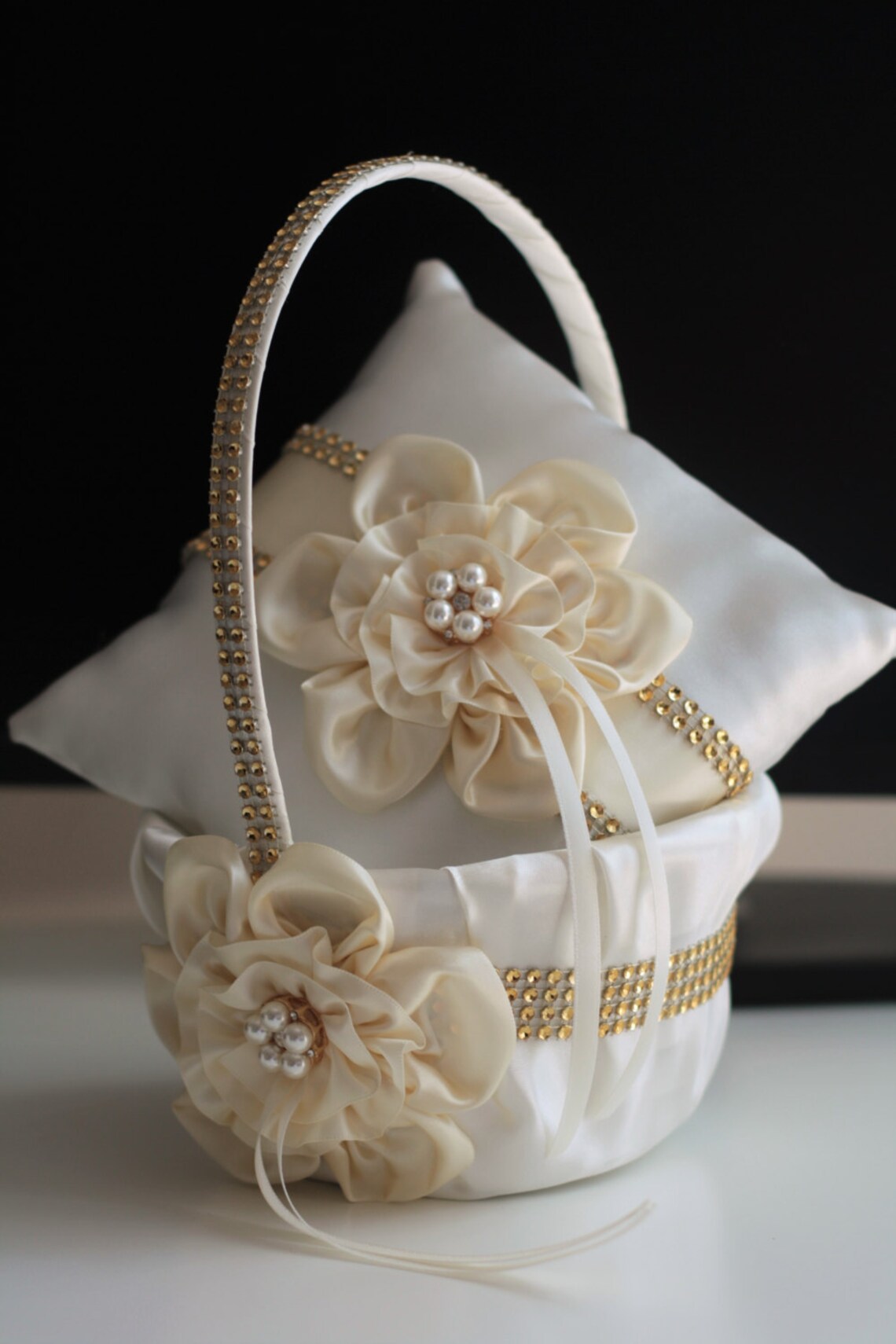 Ivory Flower Girl Basket Ivory Gold Wedding Basket Gold Etsy