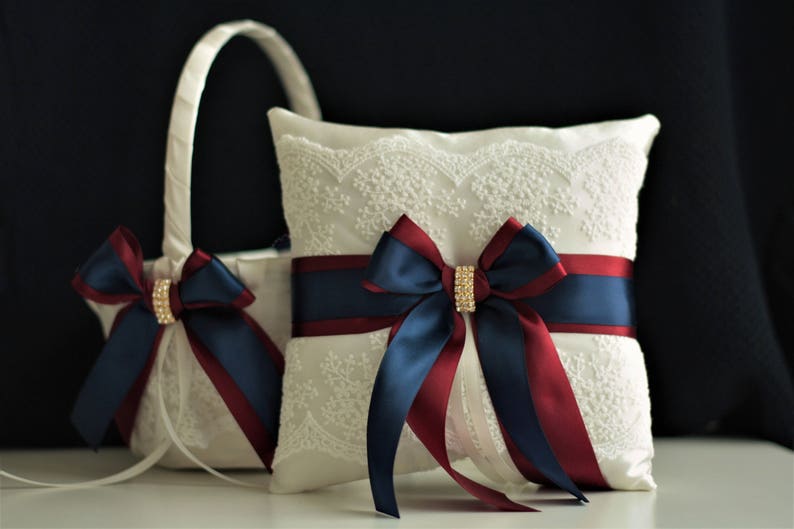 Navy Flower Girl Basket Burgundy Pillow for Rings Navy Blue 1 Pillow + 1 Basket